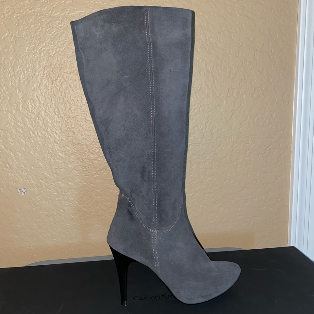 New grey suede under the knee boots